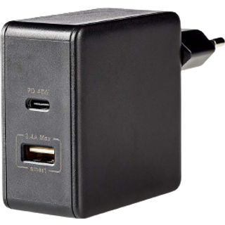 Nedis - Vægoplader | 57 W | Hurtigopladningsfunktion | 2.25 A / 2.4 / 3.0 A | Antal output: 2 | USB-A / USB-C™ | Uden Kabel | Automatisk Valgt Spænding - WCPD45W100BK