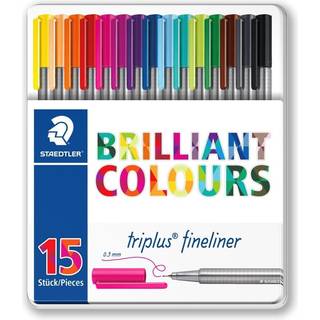 STAEDTLER Triplus fineliner 334, farvetusser, 15 stk Trekantet form der sikrer ergonomisk greb. 15 fineline farvetusser. DRY SAFE blæk der kan vaskes af tøjet. Ventileret sikkerhedshætte.
