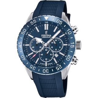 Festina chronograph ceramic armbåndsur i stål med blå skive og blå gummi rem