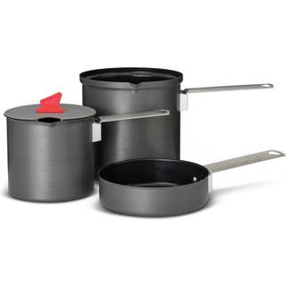 Campinggryder & stegepande Trek Pot Set, hårdanodiseret aluminium, med 2 gryder (600 ml & 1 liter), 1 låg & 1 stegepande (Ø14.5 cm)