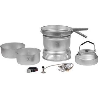 Gasblus Trangia 25 Large, 2100 W + 2 gryder, 1 stegepande &amp; vindskærm i UL / UltraLight-aluminium + 1 kaffekande + gribetang + rem, Uden brændstof
