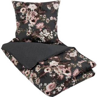 Sengetøj king size - 240x220 cm - Vendbart design i 100% Bomuldssatin - Flowers & Dots grå - Sengesæt fra By Night