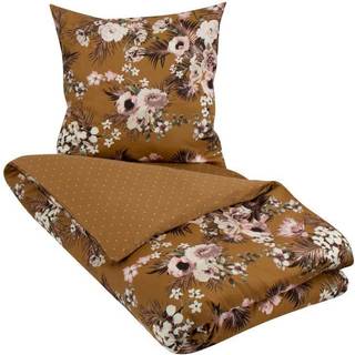 Sengetøj king size - 240x220 cm - Vendbart design i 100% Bomuldssatin - Flowers & Dots karry - Sengesæt fra By Night