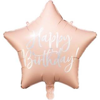 1 stk. Lyserød folieballon stjerneformet 47 cm, Happy Birthday design, til helium eller luft