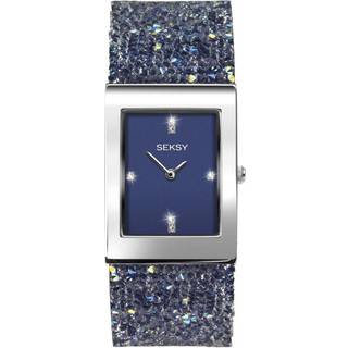 Seksy Dress Quartz Blue Dial Blue Stone Set Black Leather Strap Ladies Watch 2758