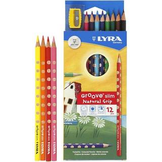 Lyra Groove Slim Farveblyanter, 12 stk Sæt med 12 farveblyanter fra Lyra Groove Slim. Blyanterne har et tresidet, ergonomisk greb samt naturlig grebszone, som sikrer korrekt greb om blyanterne. Stregbredden på farveblyanterne er 3,3 mm.