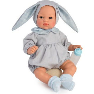 Así Koke babydukke 36 cm - Grå dragt og hætte m. kaninører, lyseblå