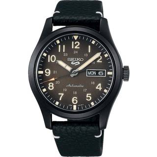 Seiko 5 Sports Field Military Watch Automatic Black Dial Black Leather Strap Men's Watch SRPG41K1