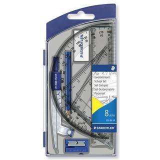 STAEDTLER Geometrisæt Indeholder: 1 passer, 1 blyant, 1 viskelæder, 1 blyantspidser, 2 tegnetrekanter, 1 lineal og 1 vinkelmåler.