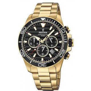 Festina - Prestige Herreur i gulddouble m. sort skive og stopur