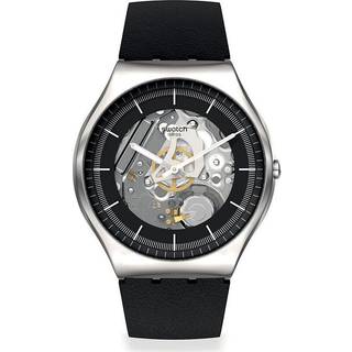 Swatch Black Skeleton Black Dial Leather Strap Unisex Watch SS07S115