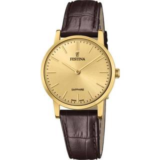 Festina Swiss Made dameur i guldfarvet med guld skive og brun læderrem Ø29