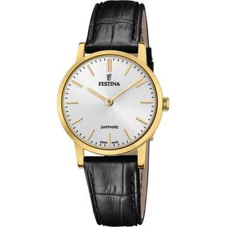 Festina Swiss Made herreur i guldfarvet med sølv skive og sort læderrem