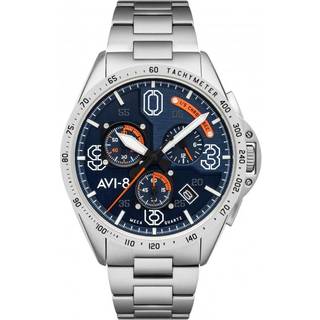 AVI-8 P-51 Mustang Blakeslee Chronograph Silver Oak Mens Watch AV-4077-22