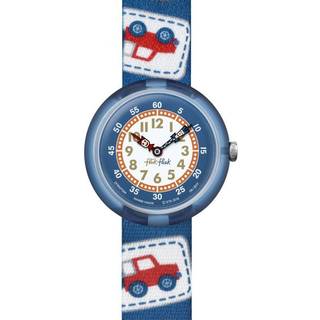 Flik Flak Camping Badge Quartz Movement Multicoloured Dial Textile Bracelet Kids Watch FBNP094