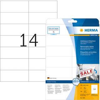 Herma etiket aftagelig 105x42,3 A4, 14 etiketter pr ark, 25 ark, hvid