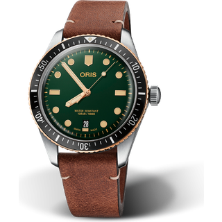 ORIS Divers Herritage 65 Bronze armbåndsur med grøn skive og brun læderrem - 40mm