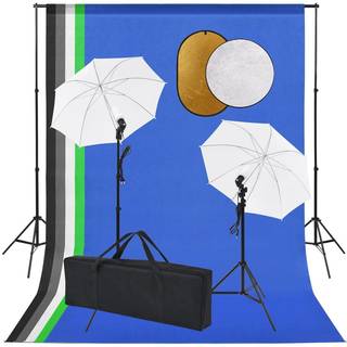 fotostudieudstyr med lamper, paraplyer, baggrund og reflektor