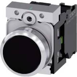 Siemens Trykknap, 22 mm, rund, metal, skinnende, sort, flad knap, momentan kontakt, med holder, 1no, skrue tilslutning
