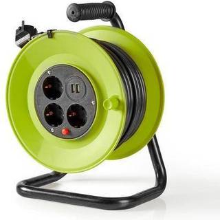 Nedis kabeltromle | Stikprop med sidebens jord | 25.0 m | 3000 W | 16 A | Slags jordforbindelse: Sidekontakter | 230 V AC 50/60 Hz | Kontakt Vinkel: 90 ° | H05VV-F 3G1.5mm² | Sikring: Ja | Grøn / Sort