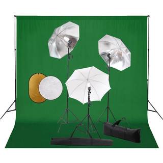 fotostudieudstyr med lamper, paraplyer, baggrund og reflektor