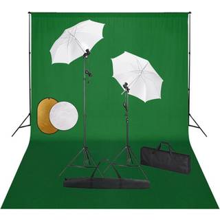 fotostudieudstyr med lamper, paraplyer, baggrund og reflektor
