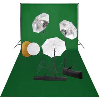 fotostudieudstyr med lamper, paraplyer, baggrund og reflektor
