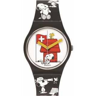 Swatch Peanuts Snoopy Grande Bracchetto! White Dial Black Silicone Strap Watch SO28Z107