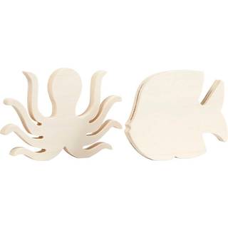 Havdyr-figurer i træ - Blæksprutte og Fisk, 2 stk.