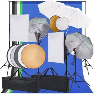 fotostudiesæt m. softbox-lamper, paraplyer, baggrund, reflektor