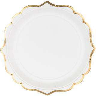 6 stk Engangstallerken hvid med guldkant 18 cm