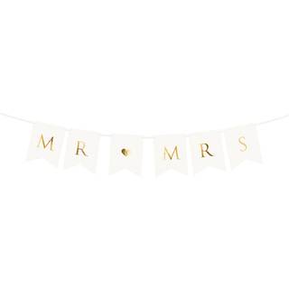 1 stk. Bryllupsbanner Mr & Mrs Hvid og Guld 85 cm – Romantisk flair til den store dag