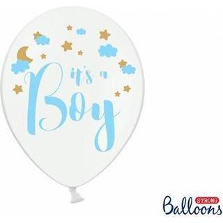 6 stk. Balloner 30 cm pastel hvid - It's a Boy himmelblå-guld tryk dobbeltsidet festpynt