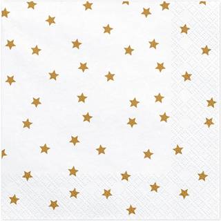 20 stk. Frokostservietter Hvid med Guld Stjerner - Elegant & Festlig 3-lags 33 cm