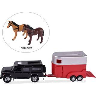 Landrover Defender med rød hestetrailer og 2 heste indeni