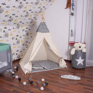 Tipi Wigwam telt med to puder, zigzag mønster, beige/sort