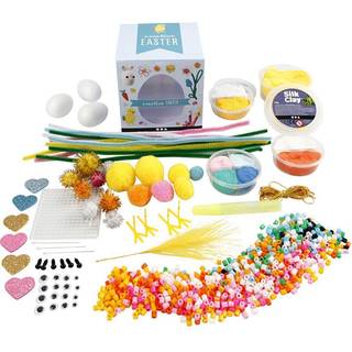 Kreativt påskeæg, 1 sæt Sættet indeholder: Silk Clay og Foam Clay i flere farver Styroporæg, plastøjne og rulleøjne Rørperler og perleplade Piberensere, pomponer og glitter pomponer Mosgummihjerter og snor til ophæng Kunstige fjer, glitterlim og øjestilke.