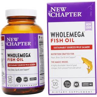 New Chapter Wholemega Fish Oil Supplement - Vild Alaska lakseolie med Omega-3 + Vitamin D3 + Astaxanthin + Bredygtigt fanget - 120 ct 1000mg sof