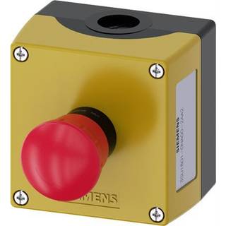 Siemens Nødstopkasse, 22 mm, rund, plastik kapsling, gul top, nødstop paddehatte trykknap i rød, 40 mm, skrue