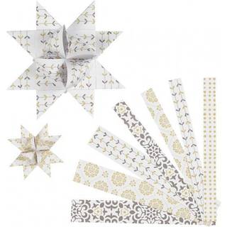 Stjernestrimler, L: 44+78 cm, diam. 6,5+11,5 cm, B: 15+25 mm, guld, hvid, 48 strimler/ 1 pk.