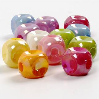 Terningperler, str. 10x10 mm, hulstr. 4 mm, ass. farver, 400 g, 700ml/ 1 ds.