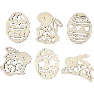 Træpynt Påskeæg og harer 40 mm, 24 motiver Flade figurer i naturtræ med mørke kanter. Pk. med 6 design á 4 stk. Leveres i trææske med 6 rum.