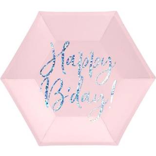 6 stk Sekskantede engangstallerken Happy B'day! lyserød - 20cm