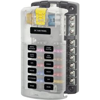 Sikringsholder Blue Sea Systems ST Blade Fuse Block, til 12 fladstiftsikringer, med jordklemme, M4 + M5, 32 V DC, 100 A
