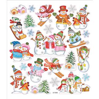 Festlige snemænd på ski stickers - 15x16,5 cm