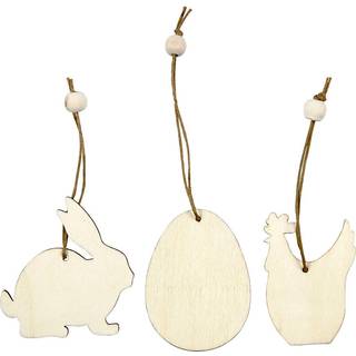 Træophæng, hare, æg og høne, 6 cm, 9 stk Flade ophæng i lyst træ med dekorationsperle og ophængssnor af jutegarn. Pk. med 3 design á 3 stk. Str. 6 cm, tykkelse 3 mm.