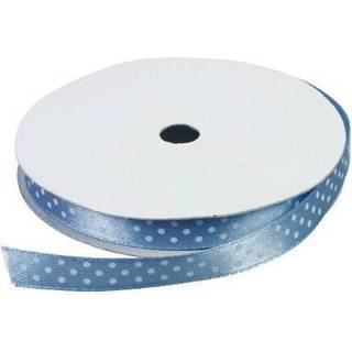 Satinbånd Lyseblå m/ prikker 9 mm, 9 m Indehold: 1 spole Materiale: stof Længde: ca 9 meter Bredde: 9 mm.