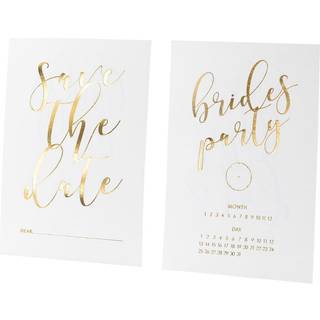 10 stk. Hvide polterabend invitationer med guld metallic tryk "Gem Datoen" til festlig aften