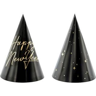 6 stk. Partyhatte i sort - Happy New Year og stjerne med gludskrift