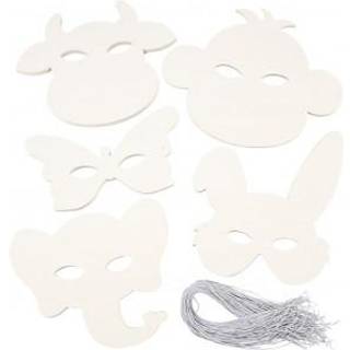 Masker, dyr, Hvid 100 stk Indeholder 100 stk i alt Pakke med 5 forskellige designs a 20 stk Højde: 13-24 cm Bredde: 20-28 cm Materiale: Pap Farve: Hvid Med tynd elastik.